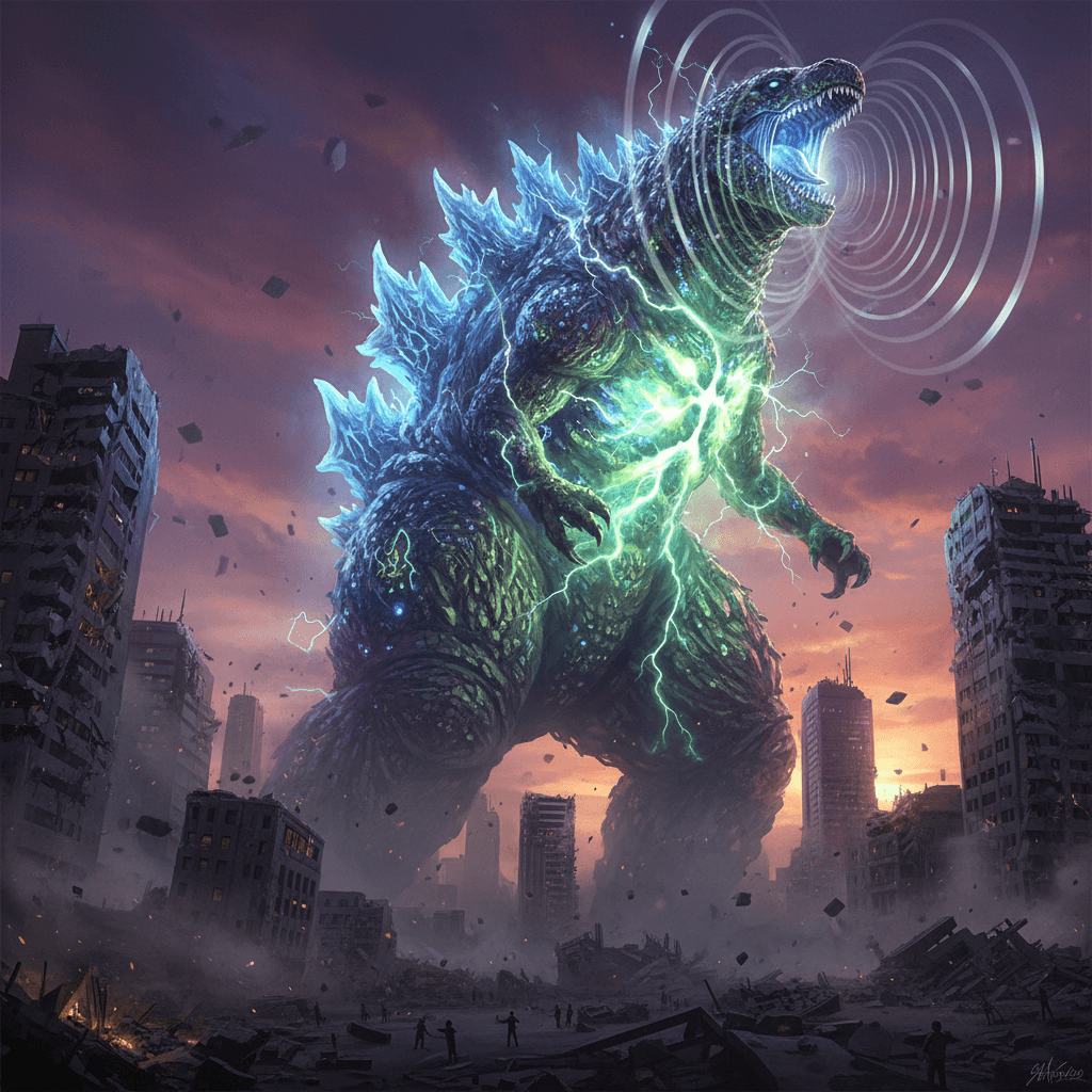 ゴジラのG細胞による進化、都市破壊、そして音響環境の重要性を表現しています。怪獣ゲームにおけるゴジラの圧倒的な存在感を視覚化しています。
