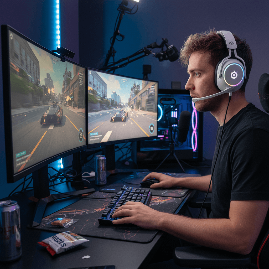 ゲーマーがSteelSeriesのヘッドセットを装着し、ASUSのモニターでゲームをプレイしている様子を描写します。「ペガサス流星拳」のエフェクトで没入感を高めます。