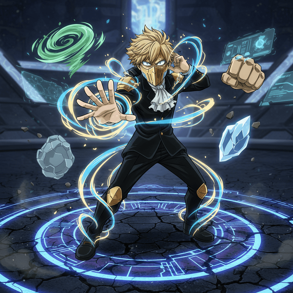 物間寧人がMy Hero Ultra Rumbleで爆豪の必殺技をコピーしている様子を表現しています。記事中の物間のゲームメカニクス特徴部分を視覚化。