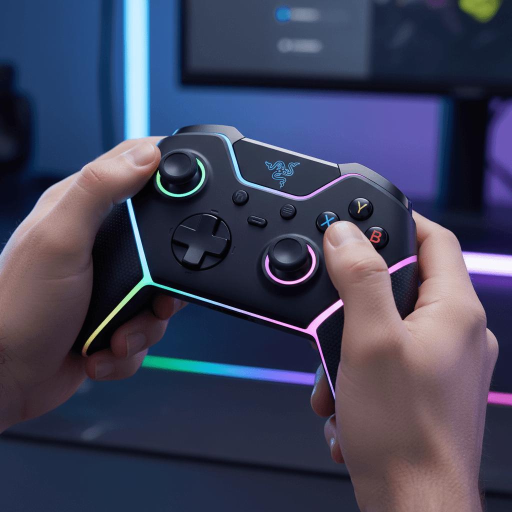 記事で推奨されているコントローラーを使用して、高速戦闘に集中するゲーマーの様子を表現。記事内の「快適なプレイ環境を整えよう」のセクションを視覚化。