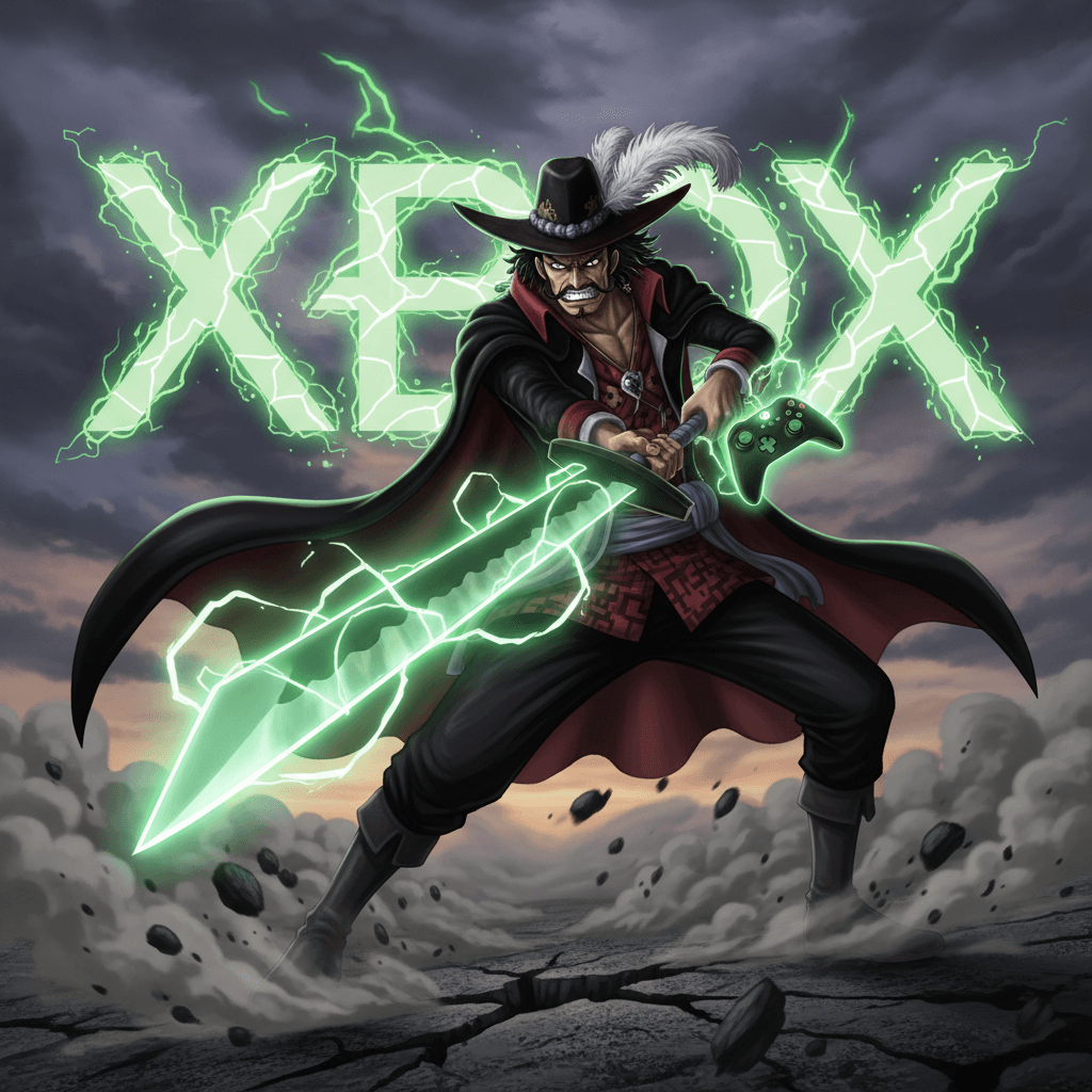 ミホークがXboxコントローラーを使用して、チャージ攻撃の精度を高めている様子を表現します。記事の「プレイ環境を最適化して性能を引き出す」セクションと「鷹の目のミホーク：一撃必殺の「剛剣」とゾーニング」を組み合わせたイメージ。