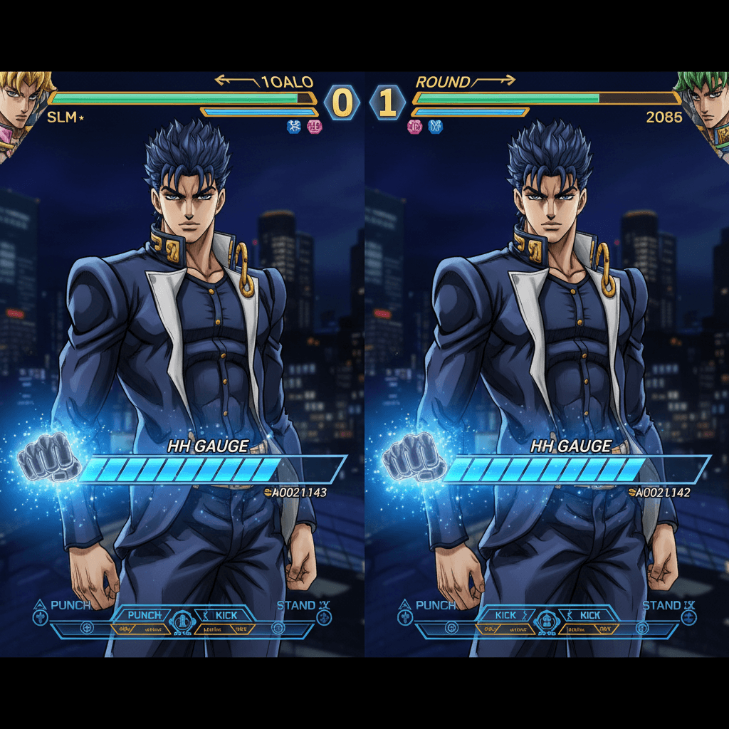 記事内で重要な要素である、承太郎のHHゲージとジョナサンの波紋ゲージのリソース管理を視覚化しています。