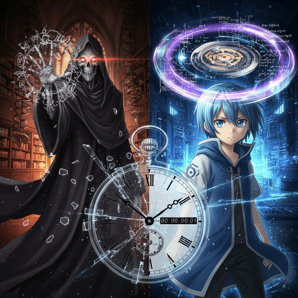 記事のラウンド1における「時間停止」vs「思考加速」のスキル対決をイメージしています。時間停止のエフェクトと、思考加速のイメージを対比させることで、両者の能力の衝突を描写しています。