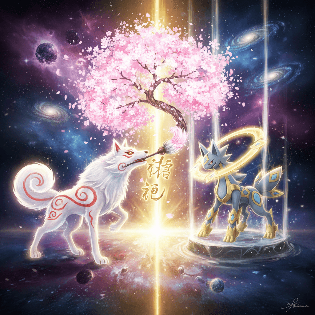 アマテラスの筆しらべによる攻撃と、アルセウスのさばきのつぶての応酬を表現。それぞれの能力の視覚的な対比を強調。