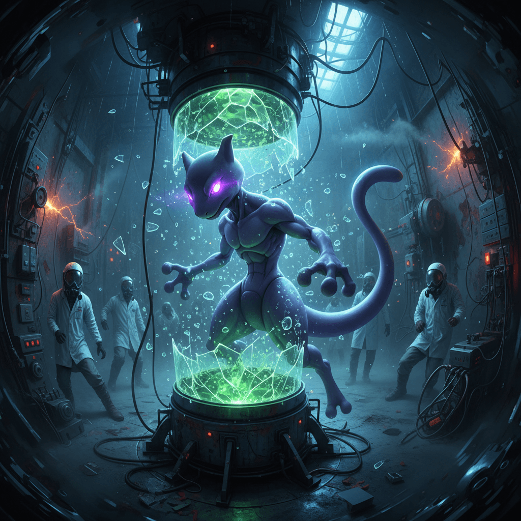 ミュウツーが誕生する悲劇的な背景を、研究施設や遺伝子コードといった要素を用いて表現し、記事冒頭の「エゴイズムが生んだ悲劇」セクションを視覚化しています。