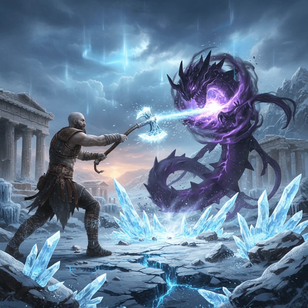 クレイトスがリヴァイアサンを投げ、ギラティナのシャドーダイブを防ぐ瞬間を表現。氷属性がギラティナに与える影響を描写します。