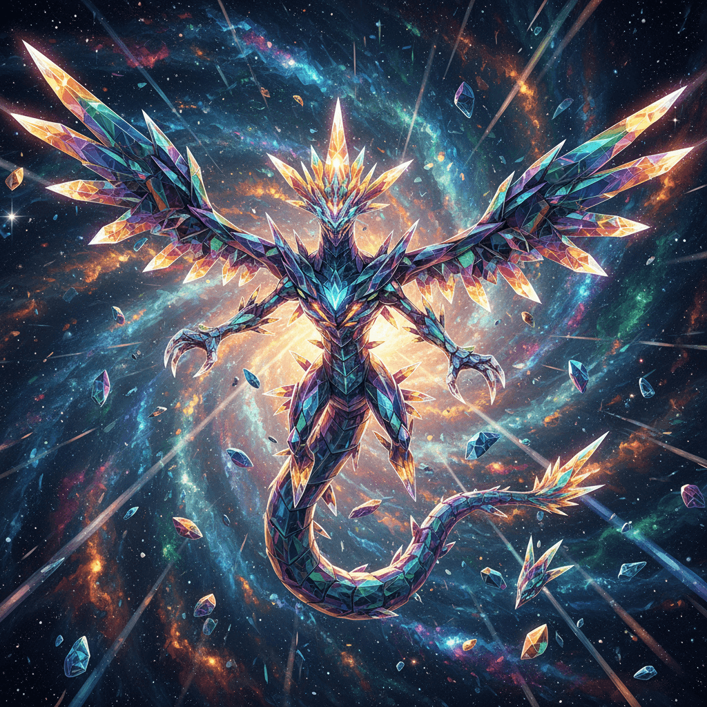 ムゲンダイマックスしたムゲンダイナが、その強大なエネルギーを放ちながら宇宙空間を飛ぶ姿を表現しています。ガラル粒子を放出し、宇宙を歪ませるようなイメージです。