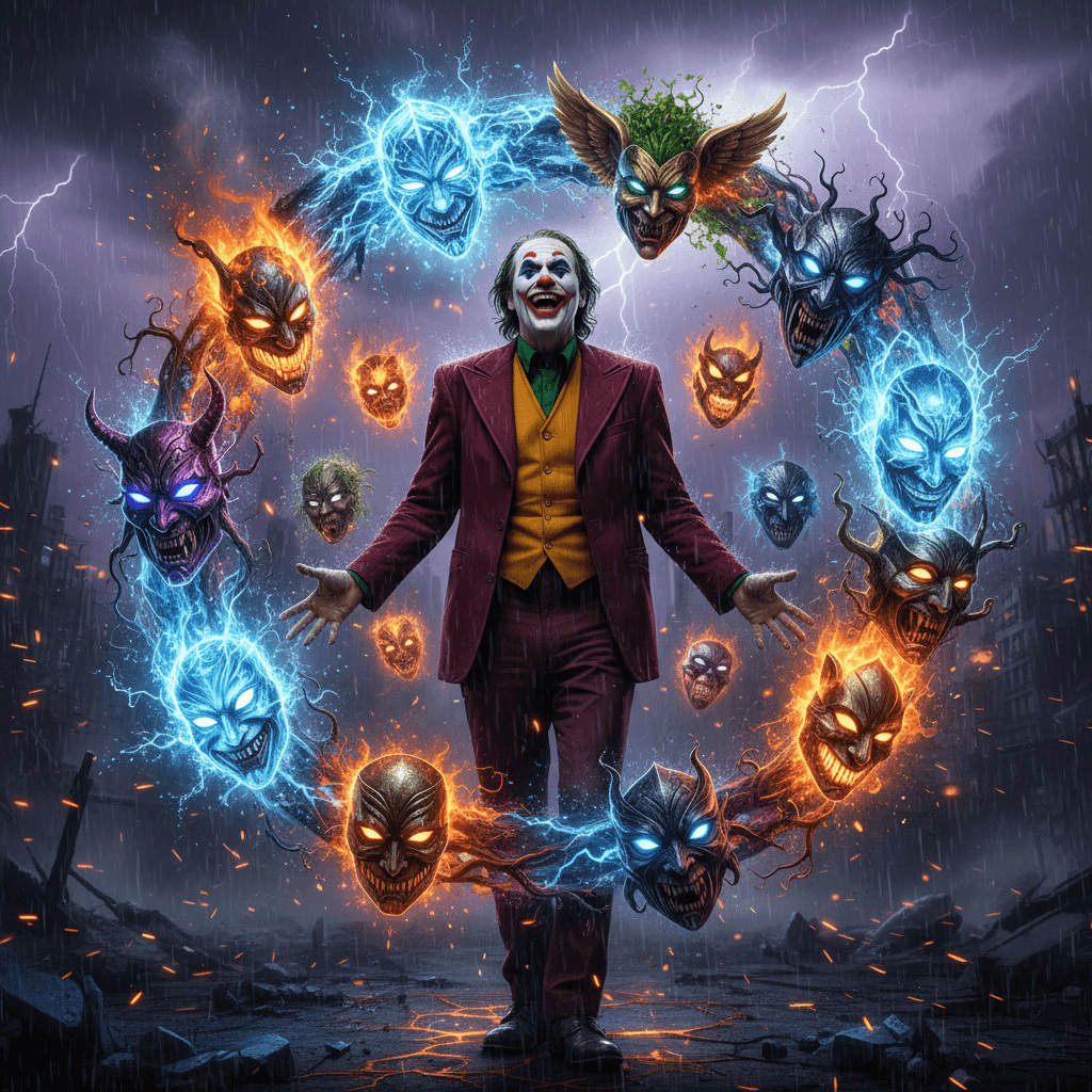 ジョーカーがペルソナチェンジを行う瞬間を描写。様々なペルソナのマスクが周囲に浮かび、彼の持つ多様な耐性と能力を表現。