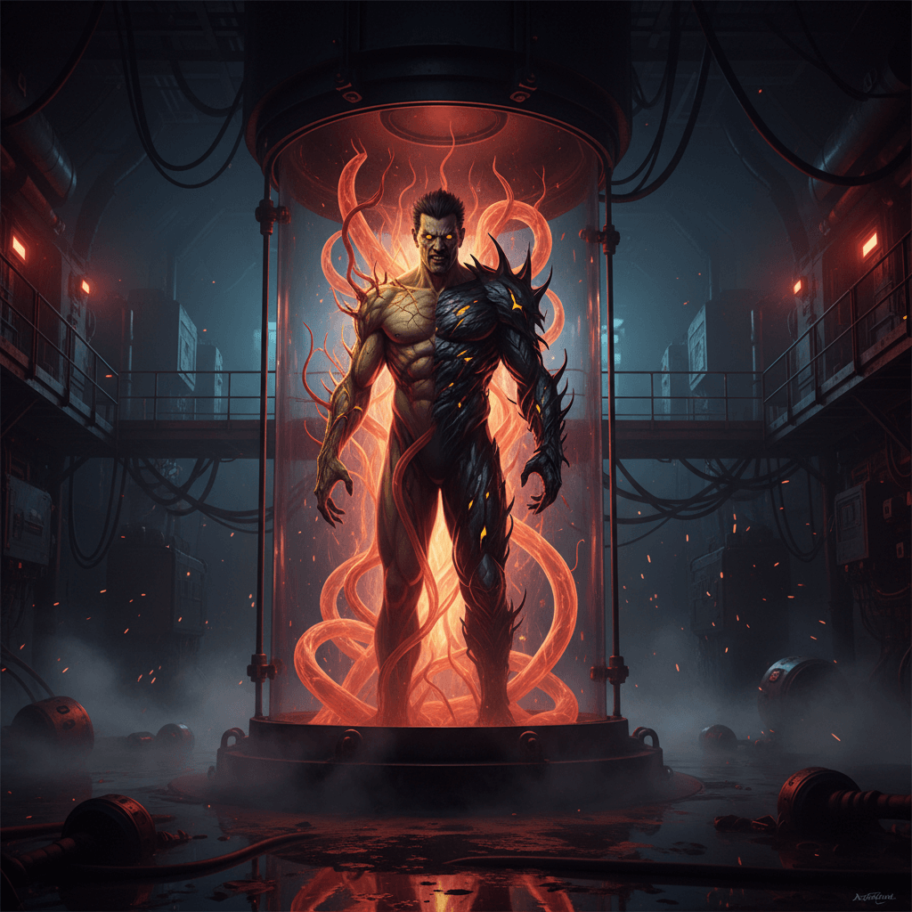 ウェスカーがウロボロスウイルスによって進化を遂げようとしているシーン。彼の狂信的な野望とウイルスの混沌を表現します。