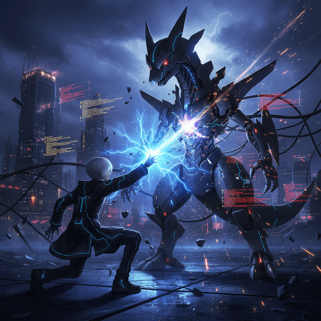 9Sがゼクロムにハッキングを試みるシーン。エラーメッセージとNの表情で、ハッキングの困難さを表現。