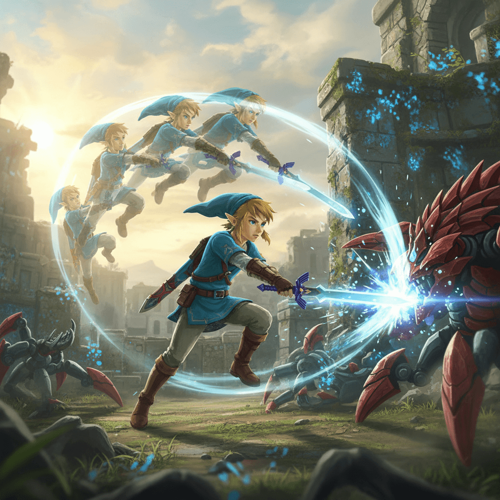 リンクの必殺技「ラッシュ」を描写し、エルレイドの攻撃を回避しながら連撃を叩き込む様子を表現します。