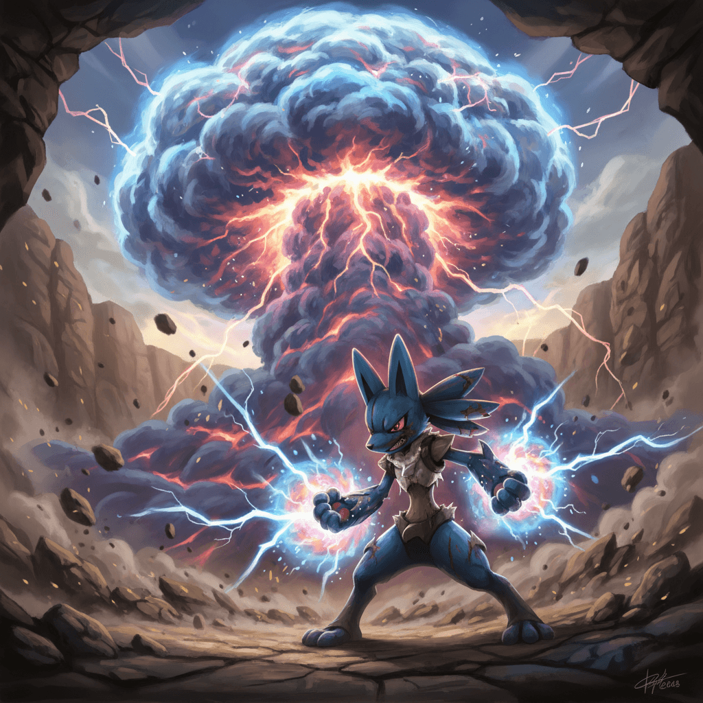 ルカリオがダメージを蓄積し、高％時に繰り出す一撃必殺の波導弾を表現。「ルカリオ：流動的な「待ち」と爆発力」セクションの、逆境を力に変えるルカリオの戦術を視覚化。