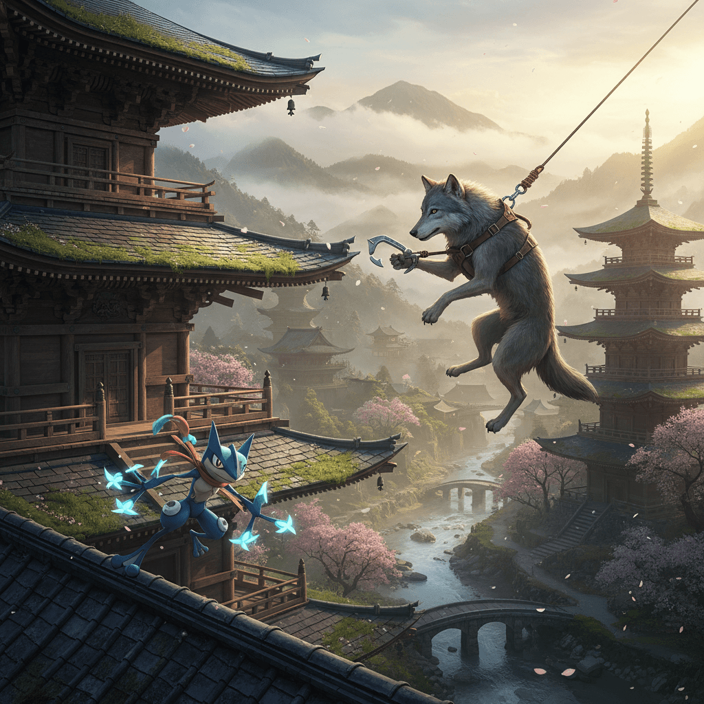 隻狼の鉤縄アクションによる立体機動と、ゲッコウガのジャンプ力を対比。記事の「機動力対決」を視覚化し、隻狼の有利なポジションを強調しています。