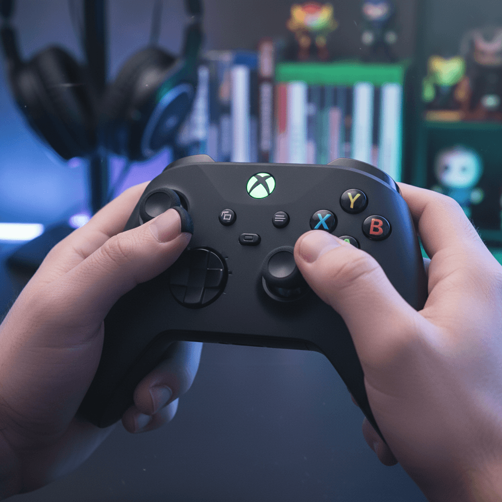 快適なプレイ環境を整えるセクションを視覚化。コントローラーとヘッドセットをフィーチャーし、ゲーミング体験の向上をアピール。特定の製品名を盛り込むことで具体性を高めています。