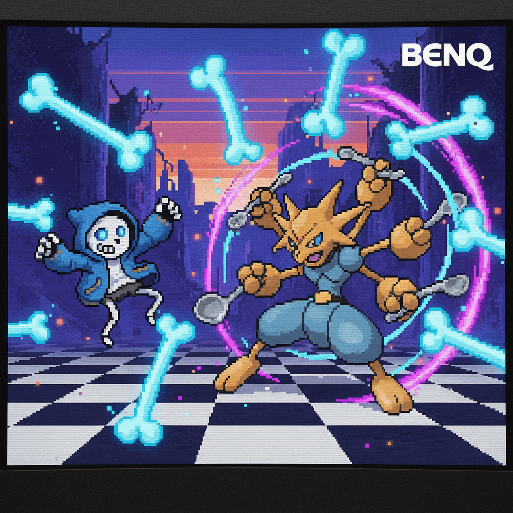 Phase 1の弾幕回避シーンを表現。フーディンの精密な回避動作と、高リフレッシュレートモニターの重要性を示唆しています。モニターの反射を描写することで、読者への訴求力を高めています。