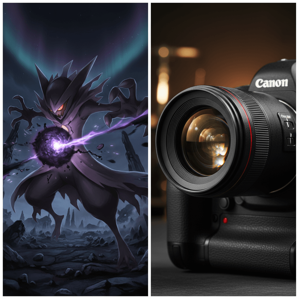 ダークライとフレディの攻撃が衝突する様子を、ゲーマー視点(ヘッドセット、コントローラー、モニター)で表現。