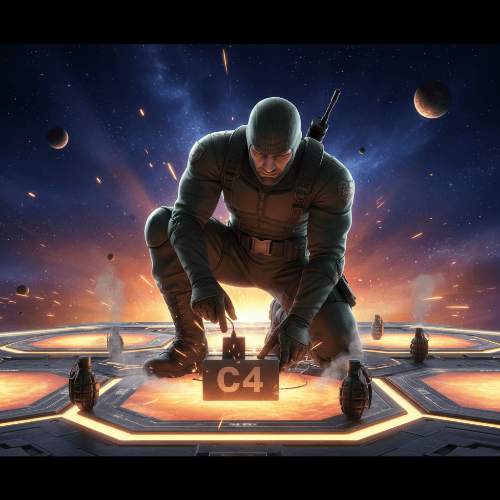 スマブラSPにおけるスネークの空間制圧戦術を表現。C4爆弾や手榴弾を駆使して相手を追い詰める様子。