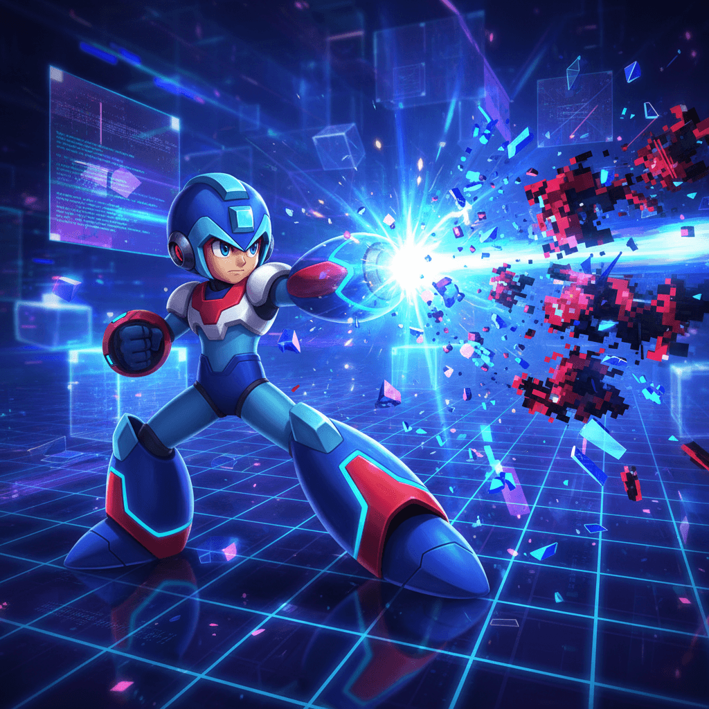 ロックマンエグゼがウイルスを削除するシーン。バトルシミュレーションでの「バグ」修正能力と、記事全体で語られる「英雄」としての側面を強調。