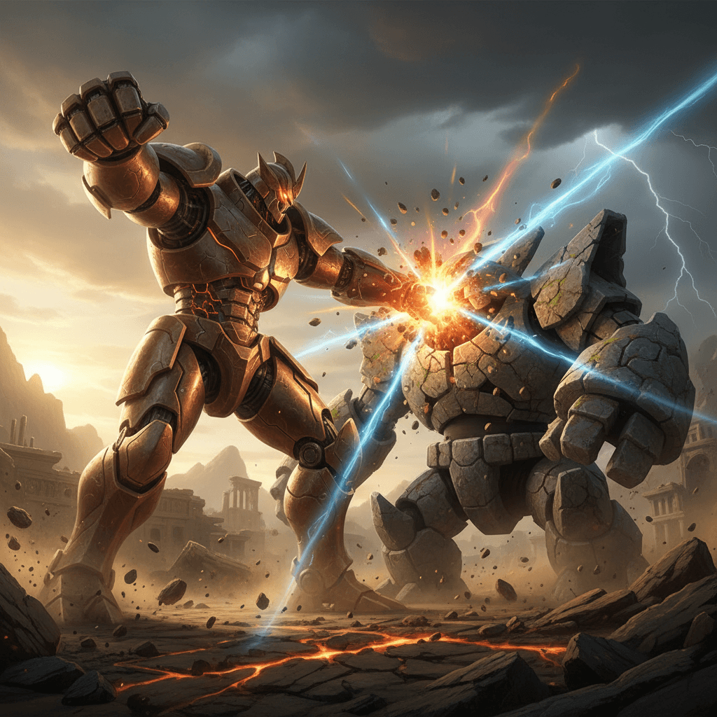 記事の第2フェーズ、巨像の猛攻とレジギガスの耐久戦を描写し、衝撃とパワー、そしてレジギガスの苦悶を表現します。