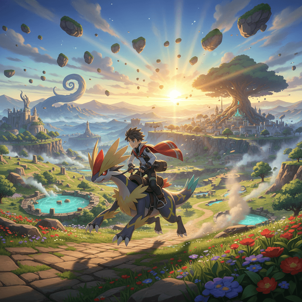 ポケモンの最新作『スカーレット・バイオレット』のオープンワールドを表現。コライドンに乗って広大な世界を冒険するトレーナーを描写し、没入感を強調します。