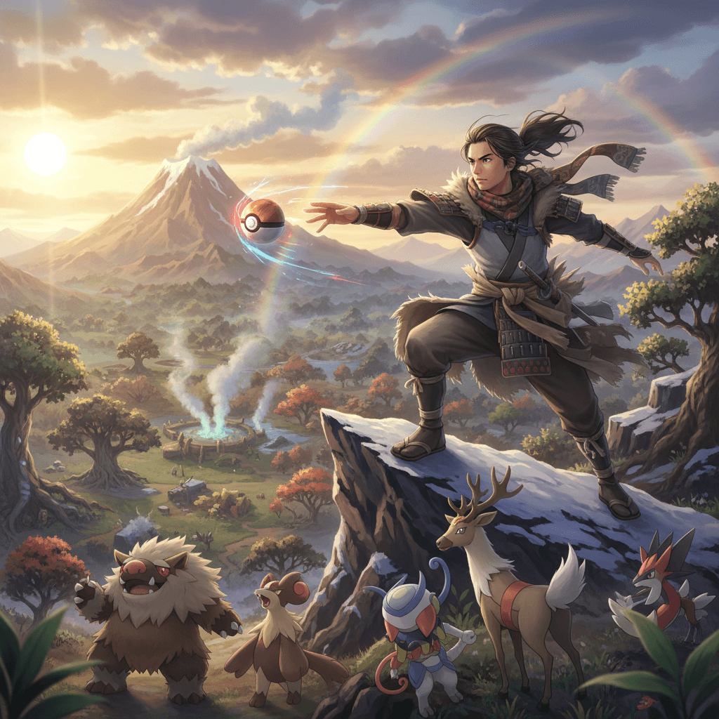 『Pokémon LEGENDS アルセウス』のゲームプレイの革新性、特にシームレスな捕獲と戦闘を表現しています。古代のヒスイ地方を舞台に、アクションRPGとしての没入感を強調しています。