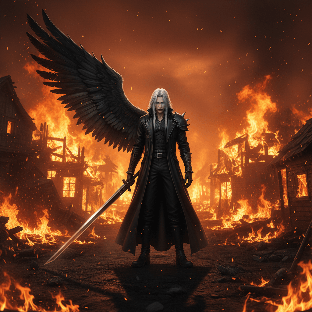 セフィロスがニブルヘイムを焼き払う象徴的なシーンを表現。彼の英雄からの転落と絶望、そして象徴的な片翼を強調しています。