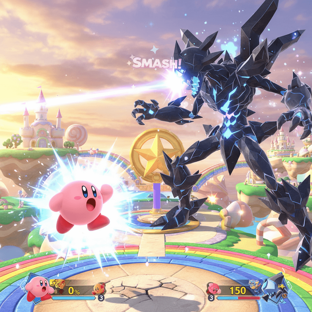 記事のPhase 2、物理的衝突と耐久値を表現しています。スマブラのゲームプレイを想定し、カービィの動きとネクロズマの体格差、コントローラーの存在で、対戦ゲームの臨場感を演出しています。