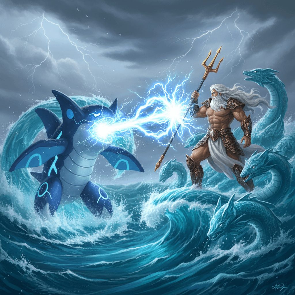 カイオーガの必中「かみなり」がポセイドンの巨大な水の化身に命中する瞬間を捉え、ラウンド2の「雷」のジョーカーを視覚化。ポケモン名を明記。