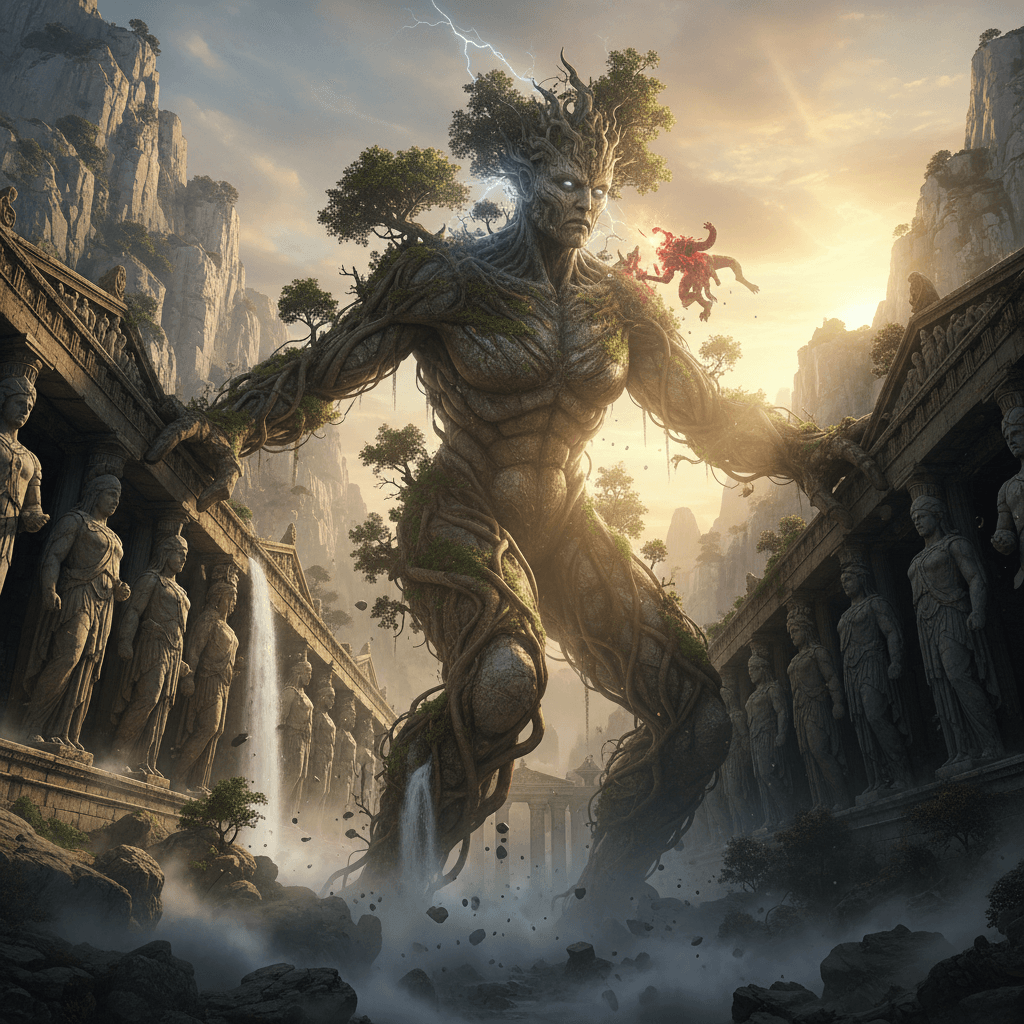 『ゴッド・オブ・ウォー III』におけるガイアの巨大さと、山々をよじ登る姿を描写。