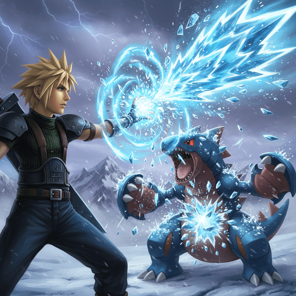 クラウドが「れいき」のマテリアを使用してガブリアスに氷魔法を放つ瞬間を表現。クラウドの表情やマテリアの輝き、ガブリアスの苦悶の表情をクローズアップ。