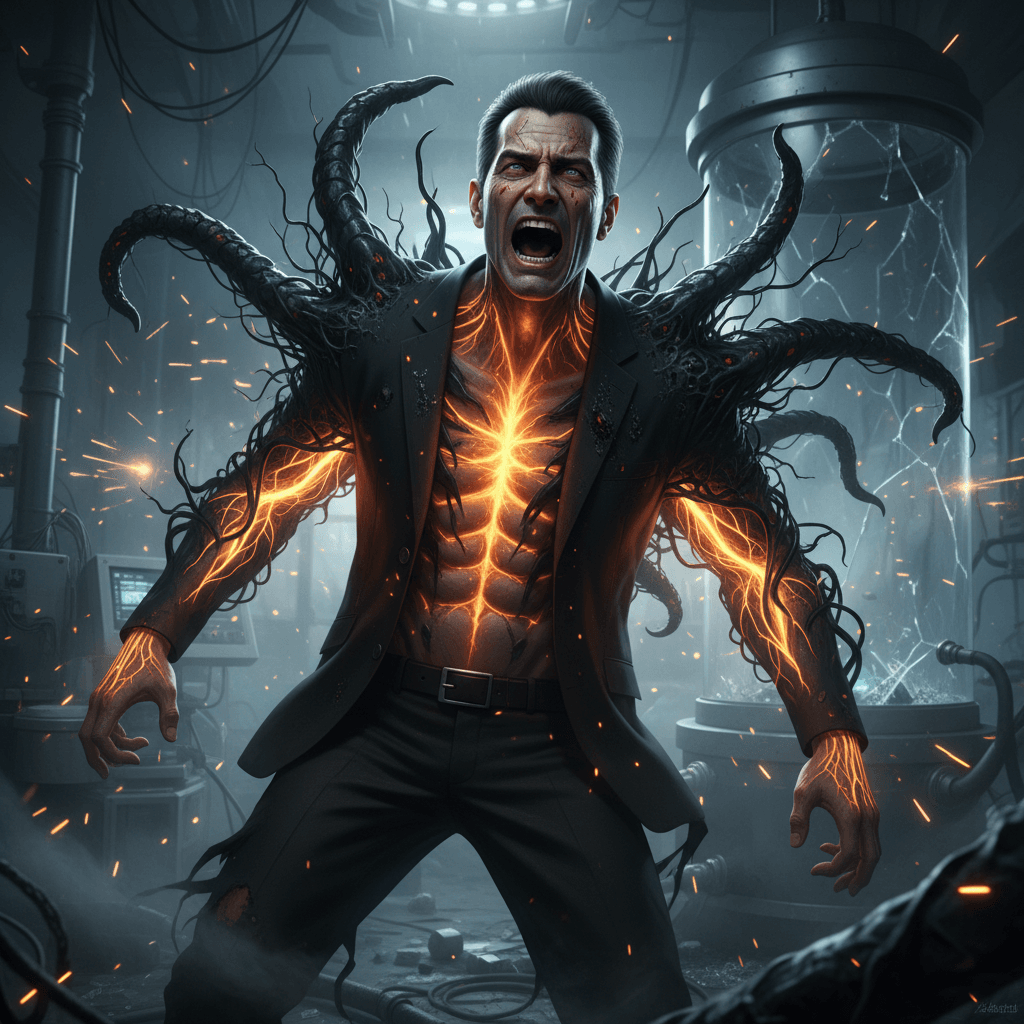 ウェスカーがウロボロスウイルスに感染し変身する瞬間を、バイオハザード5のスタイルで描写し、彼の狂気と強さを表現します。