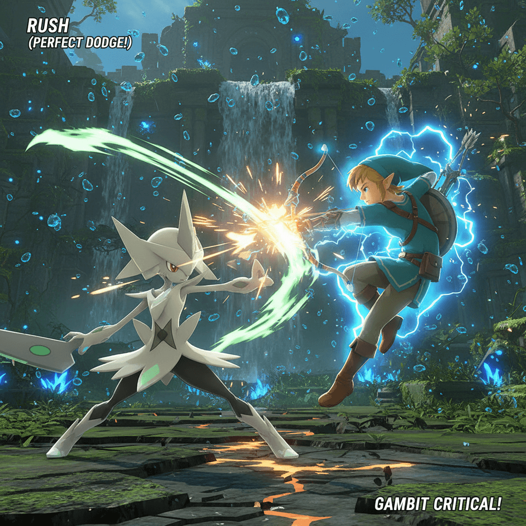リンクのラッシュ（ジャスト回避からの反撃）の瞬間を捉え、エルレイドの予知能力に対抗する超人的な反射神経を表現します。