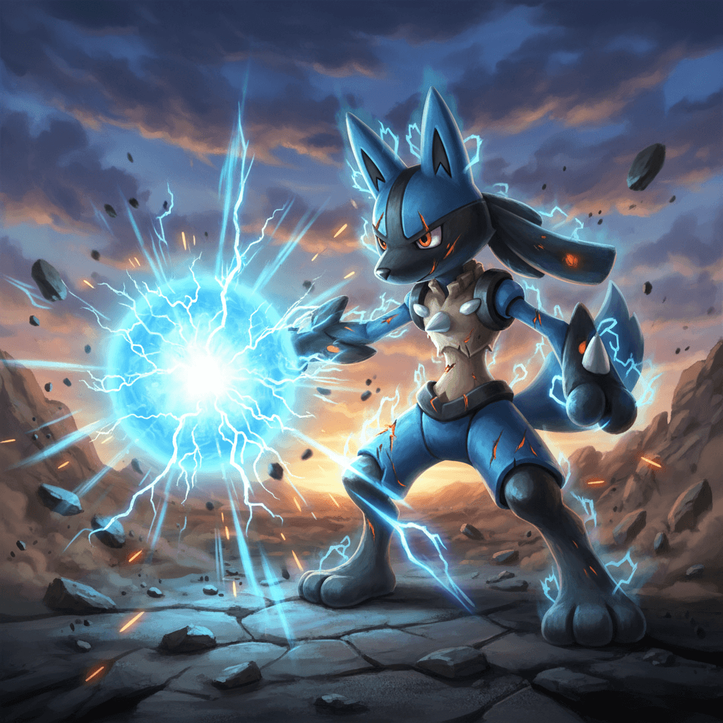 ルカリオの「波導補正」に焦点を当て、ピンチをチャンスに変える様子を表現。ダメージ蓄積によって強化されたルカリオが、逆転の一撃を放つ瞬間を描写します。