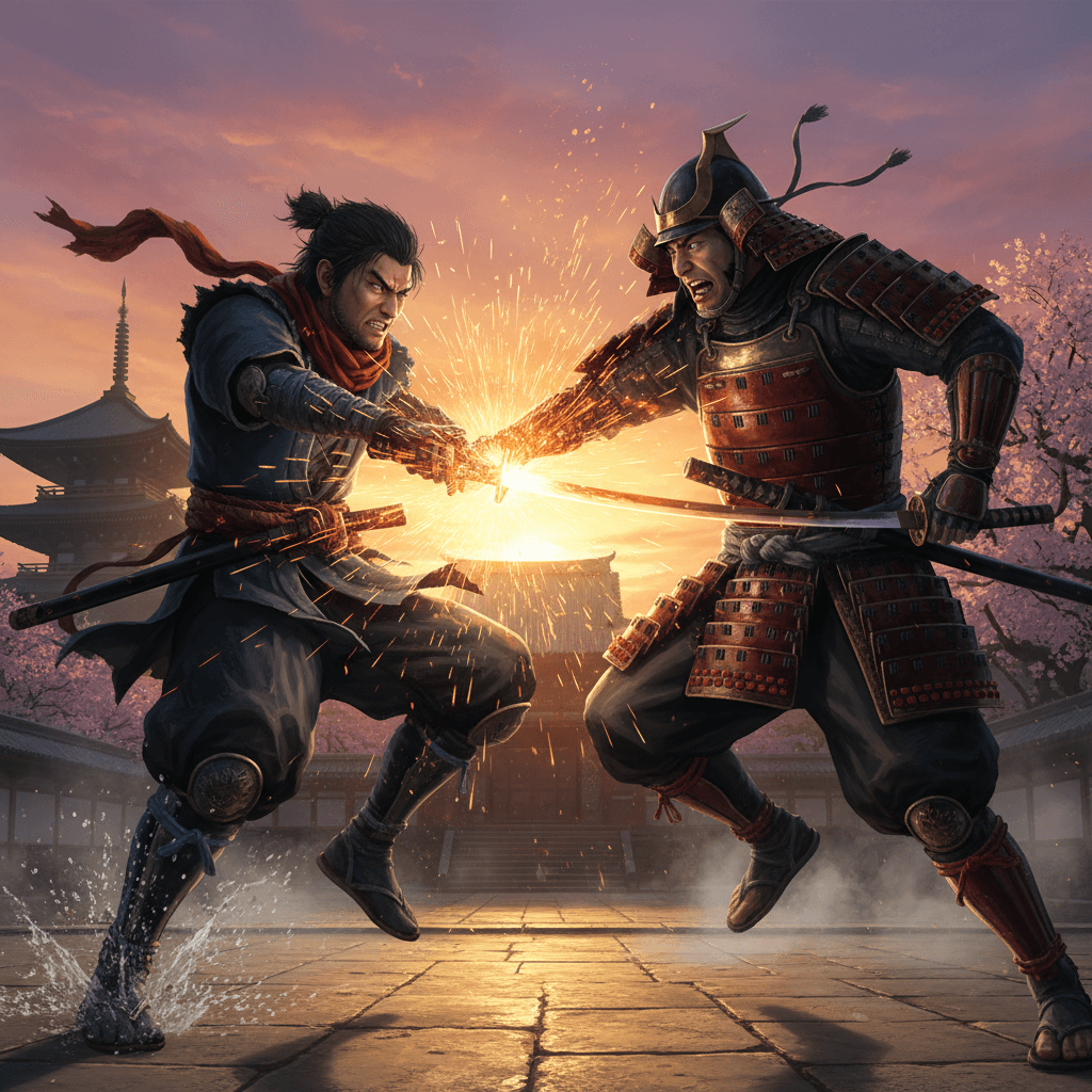 隻狼のゲームプレイの中核である「弾き」をクローズアップ。敵の攻撃を弾く瞬間の集中力と爽快感を表現し、L1ボタンのオーバーレイで操作性を強調しています。