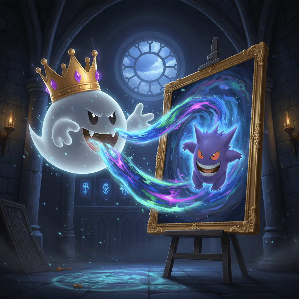 キングテレサがゲンガーを絵画に閉じ込める必殺技を表現しています。彼の狡猾さと封印能力の強さを強調しています。