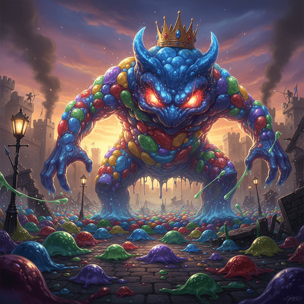 スライムの質量攻撃、特にキングスライムの脅威を表現し、記事後半のスライムの強さを強調。集団戦術を視覚化。