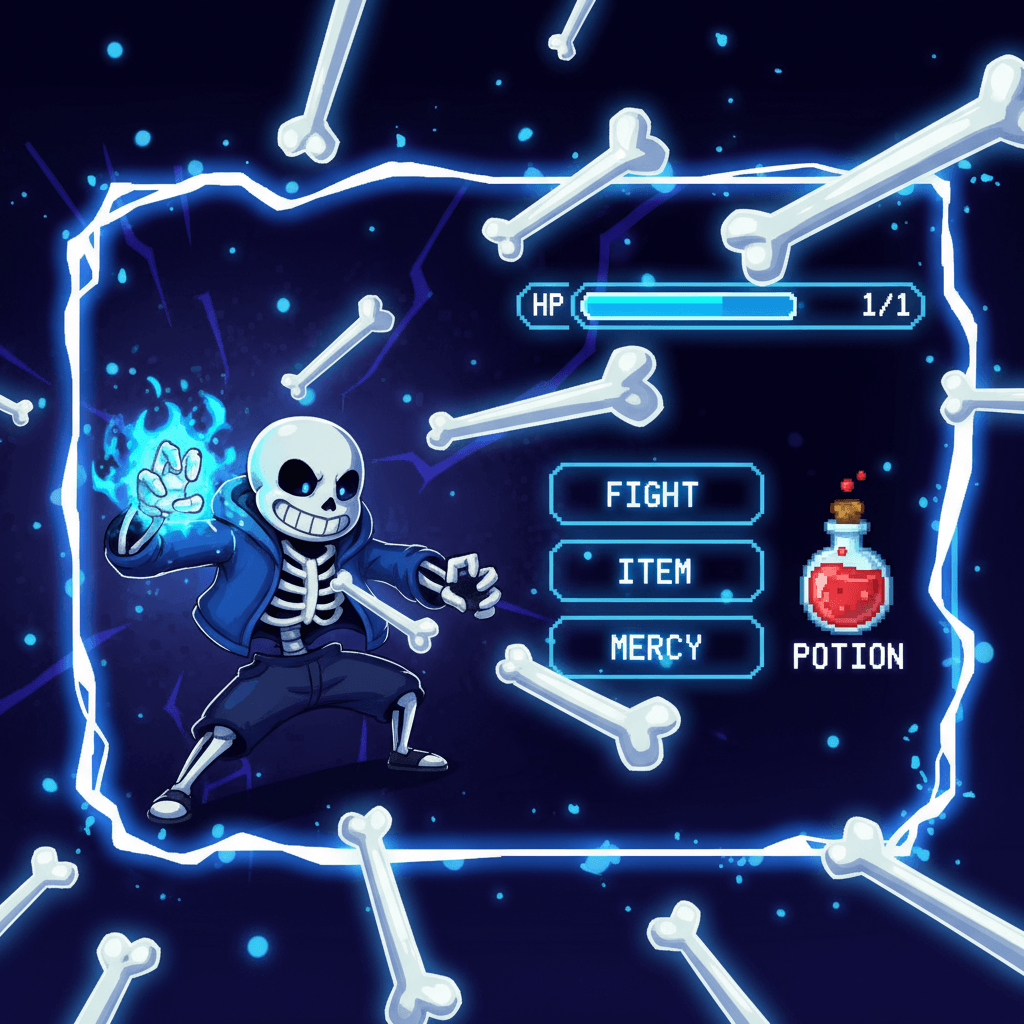 サンズがゲームUIに攻撃を仕掛けるシーンを視覚化。プレイヤーの視点を取り入れ、DualSense Edgeコントローラーを描写することで、ゲームプレイへの介入を表現。