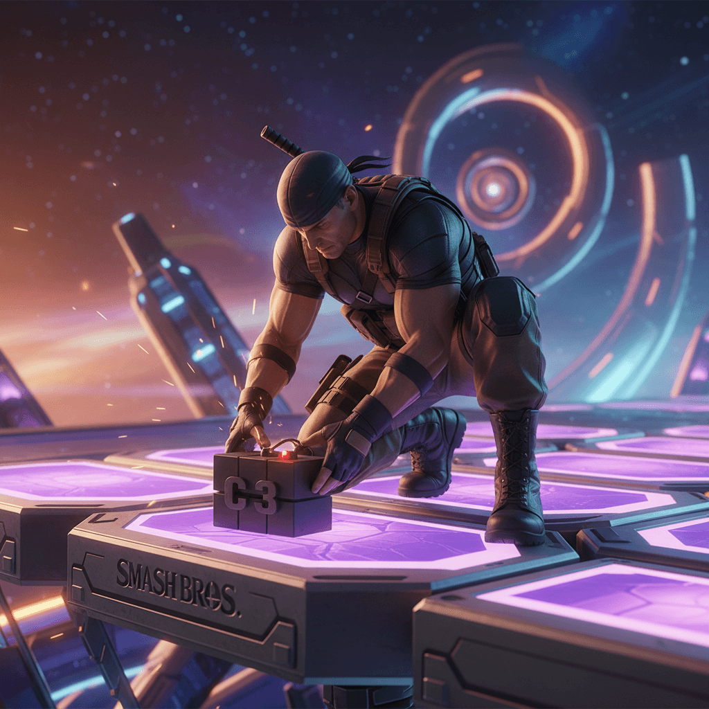 スネークがスマブラでC4爆弾を設置し、相手を罠にかける様子を表現。空間支配とステルス戦術を強調。