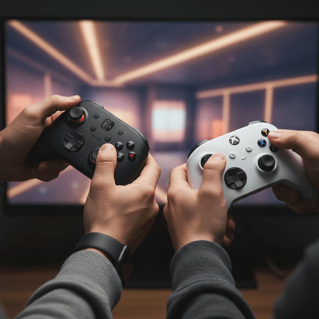 記事内のコントローラーに関する記述を反映し、それぞれのゲームに最適なコントローラーの使用感を表現しています。