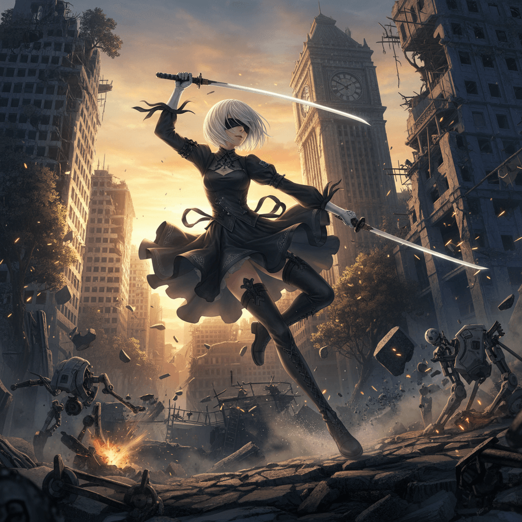 2Bの戦闘スタイルを「舞踏」と表現した記事の内容に基づき、彼女の優雅さと悲しみを同時に表現しています。背景を荒廃した都市にすることで、物語の雰囲気を伝えます。