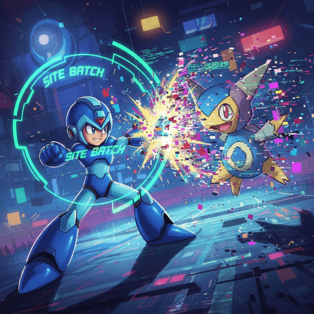 記事後半のデータ書き換え合戦、特にロックマンがポリゴンZのバグに対抗する場面を視覚化しています。チップ名などの固有名詞を含めることで具体性を高めています。