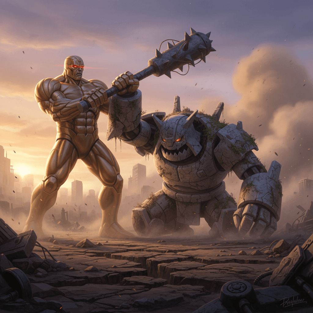 レジギガスの「スロースタート」状態と、それに対する巨像の優位性を表現します。バトルシミュレーションのフェーズ1を視覚化。