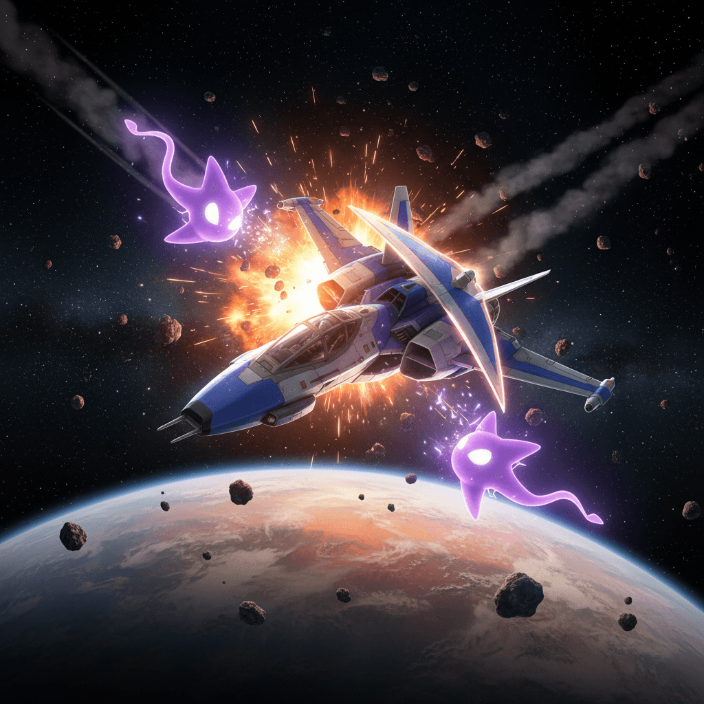 アーウィンのローリングでドラメシヤを回避する瞬間を捉えた画像です。ドラメシヤの追尾性能と、アーウィンの機動性を強調しています。記事内の中距離戦の攻防を表現。