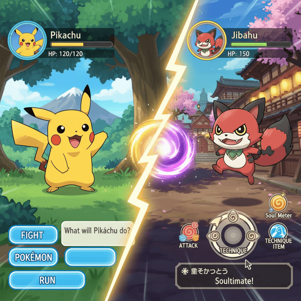 ラウンド2で詳述されている、それぞれのゲームシステムの明確な違い（ターン制 vs リアルタイム）を視覚的に比較しています。