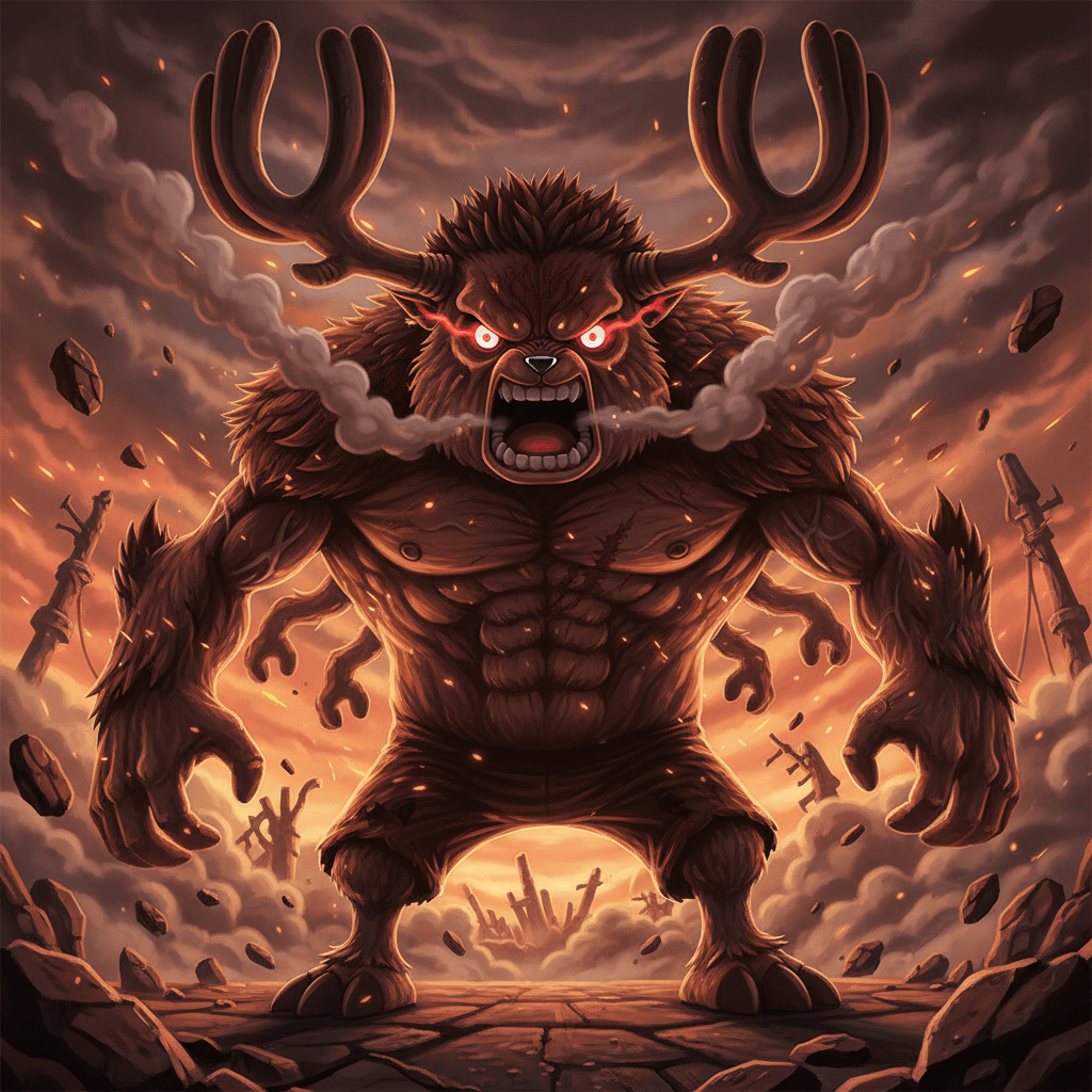 チョッパーがモンスターポイントを発動し、制御不能なパワーを発揮する瞬間を描写することで、記事における「一時的な限界突破」を表現します。