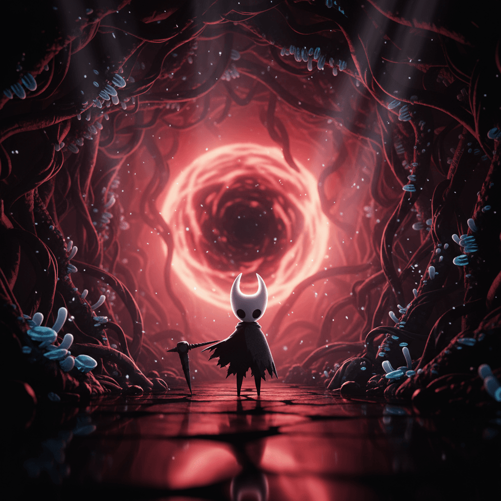 ホロウナイトの主人公が持つ「虚無」と、その運命を描写しています。記事の「仮面の下の虚無」という部分を視覚化し、ゴシックホラーの要素も加えています。