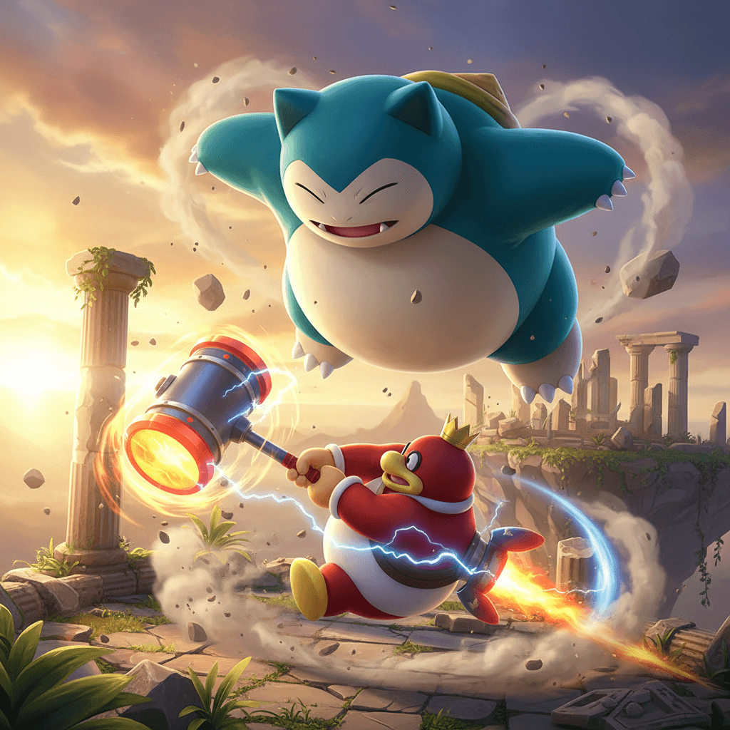 ラウンド2の「物理パワー対決」を表現。カビゴンの「のしかかり」とデデデ大王の「ジェットハンマー」が激突する瞬間を、迫力のあるアクションシーンとして描いています。