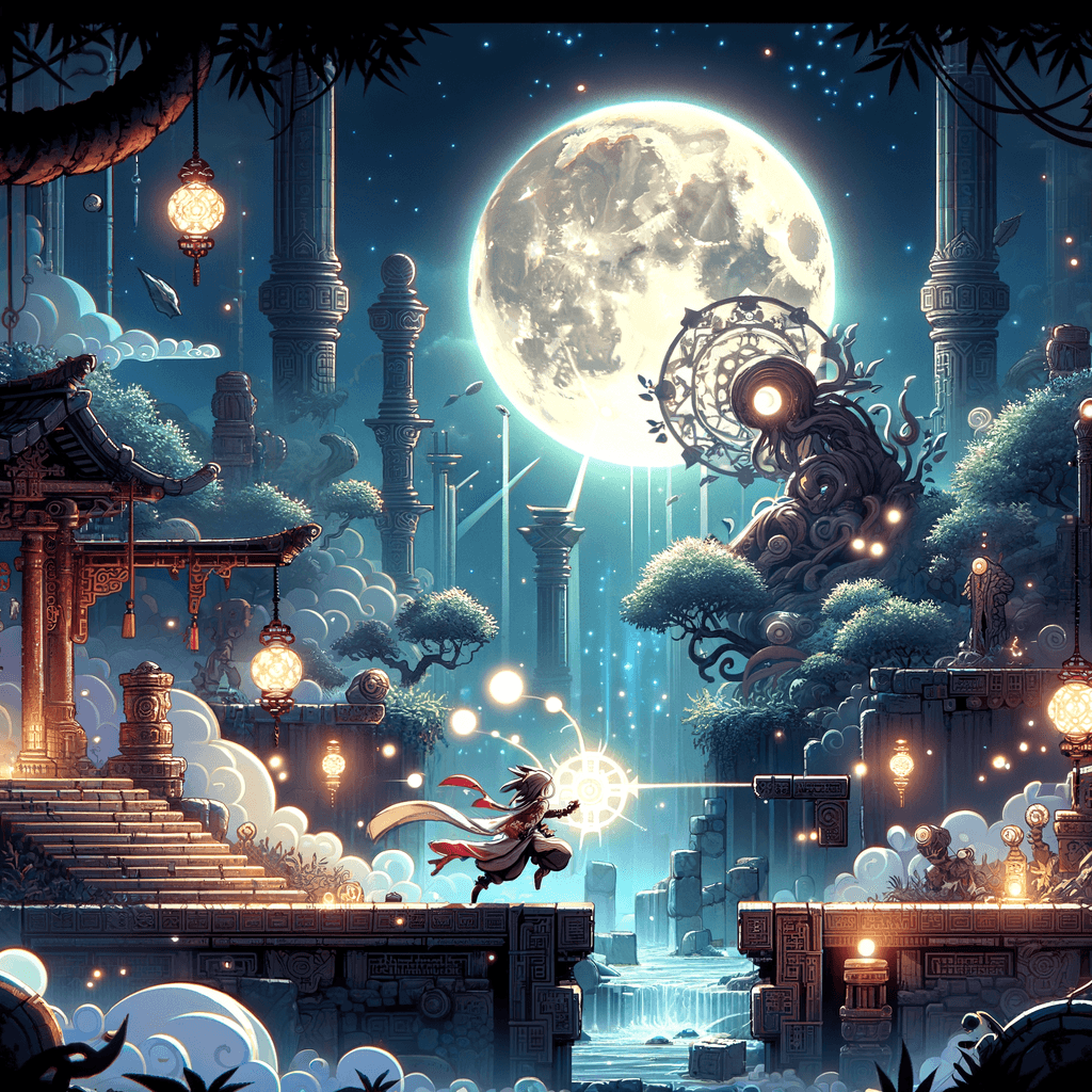 『東方ルナライツ』のゲーム画面。プラットフォームアクションの様子と、時止めシステムのUIが表示されている。