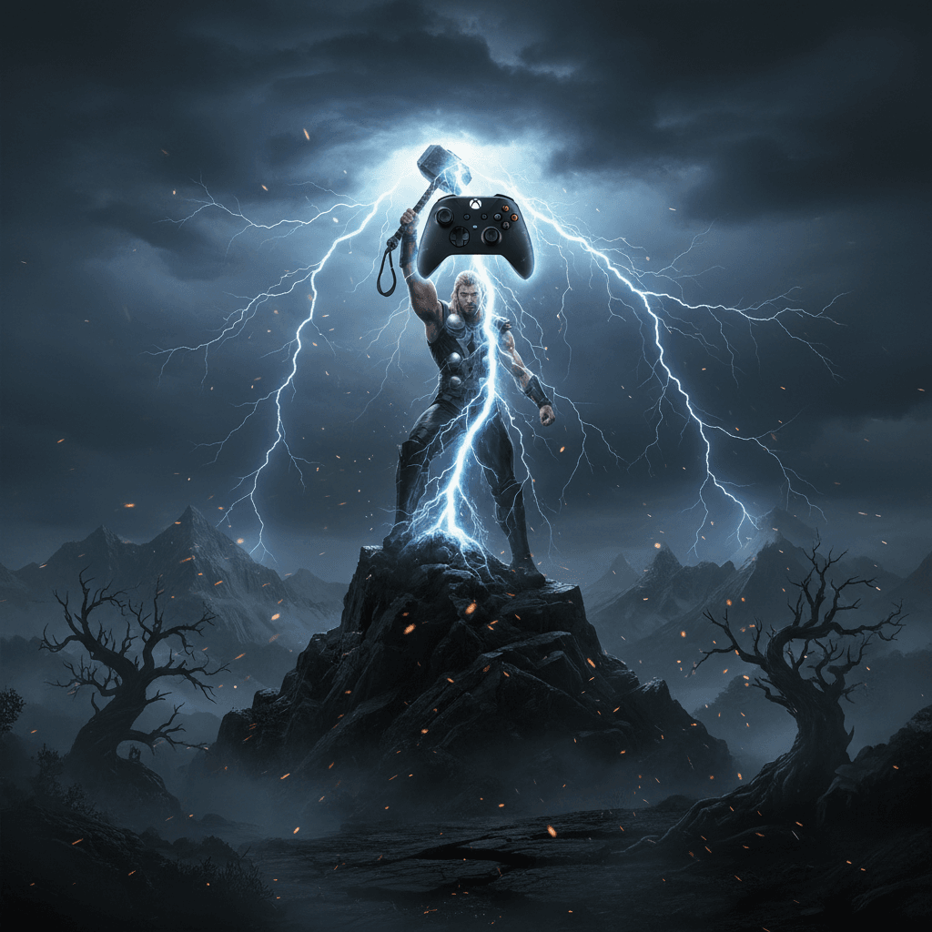 ソーの必殺技の迫力と、ハプティックフィードバックのあるコントローラー（Xbox Wireless Controller）による臨場感、およびシューター向けデバイス（Logitech G Pro X Superlight）の優位性を表現しています。