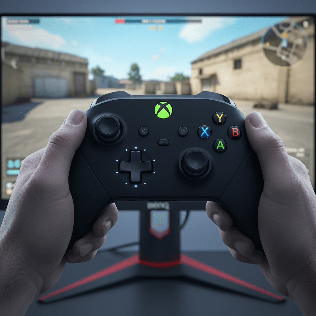 記事内で推奨されているXboxコントローラーとモニターをクローズアップで表現。快適なゲーム環境をアピール。